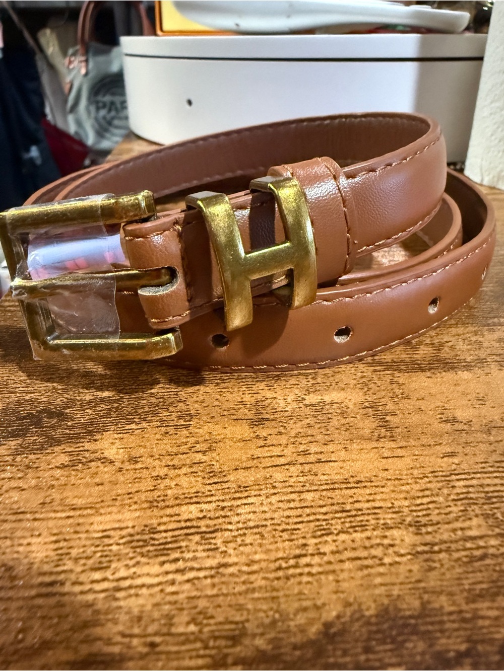 Unisex Brown Leather Belt with Brass H Buckle